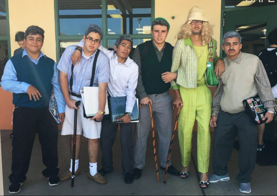 Seniors (from left to right) Brian Rodas, Juan Andrade, Jonathan Macuilatl, Zach Burns, Zach Martinez, and Jaime Gomez, dressed as elderly men for Generation Day on October 13th.