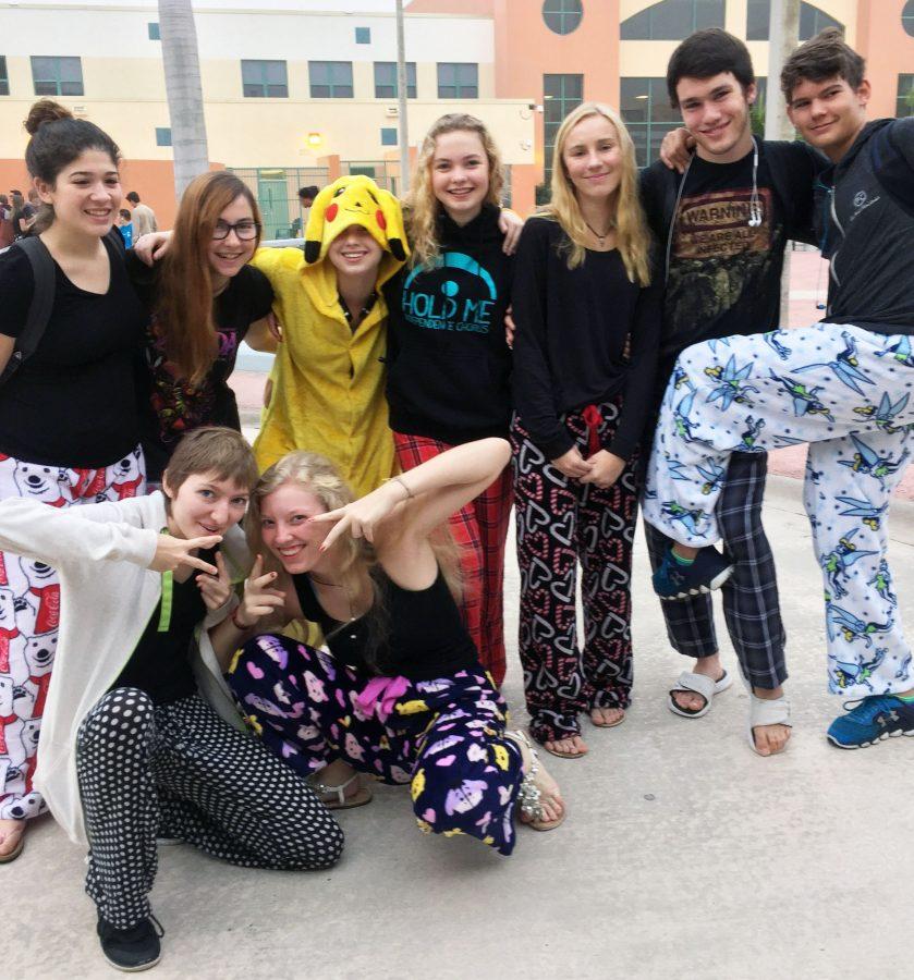 Juniors pose in their comfy attire on pajama day during winter dress-up week.