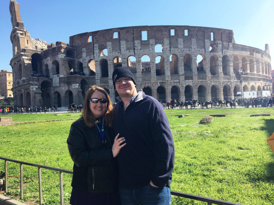 Science teacher Sarah Guzick and her fiance, Jordan Kreiger pose in front of Coliseum in Rome, Italy