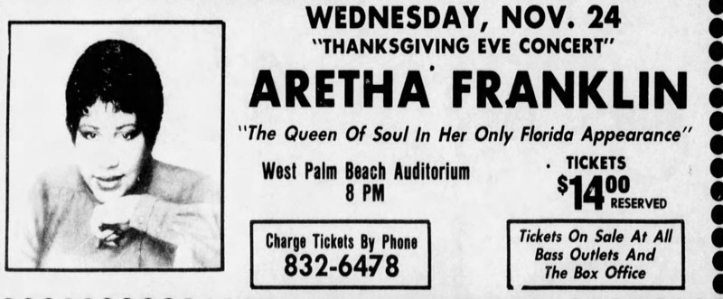 An ad for Aretha Franklin’s West Palm Beach, Fla. show in 1982. 