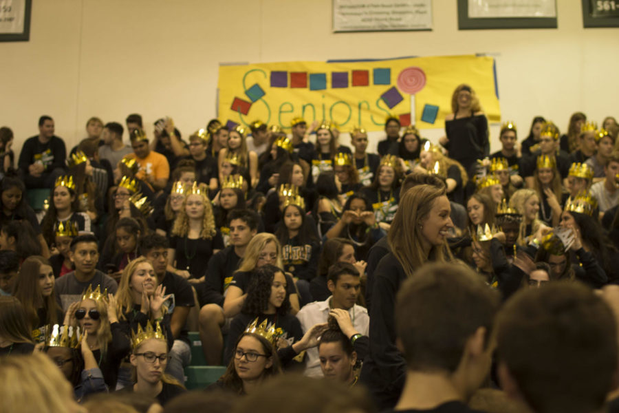 JHS seniors sporting their golden crowns at the Homecoming Pep Rally.