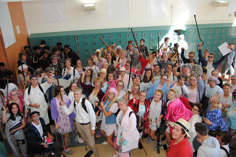 Seniors dressed as senior citizens on generation day of homecoming week 2017.