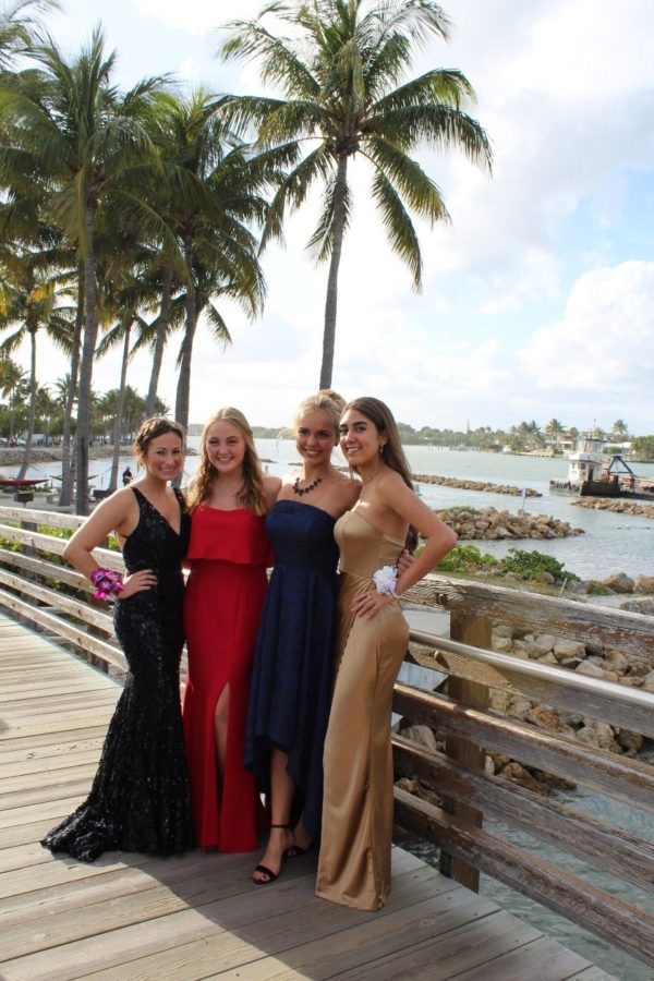 Samantha Clayman, Emily Fritz, Kayden Layman and Jessica Jaramillo in their prom dresses taking photos at Dubois park.