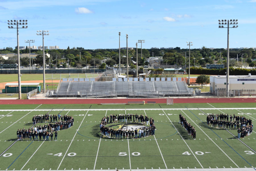 Seniors stand in the shape of their graduating year on the Jupiter High turf field on Dec. 19.