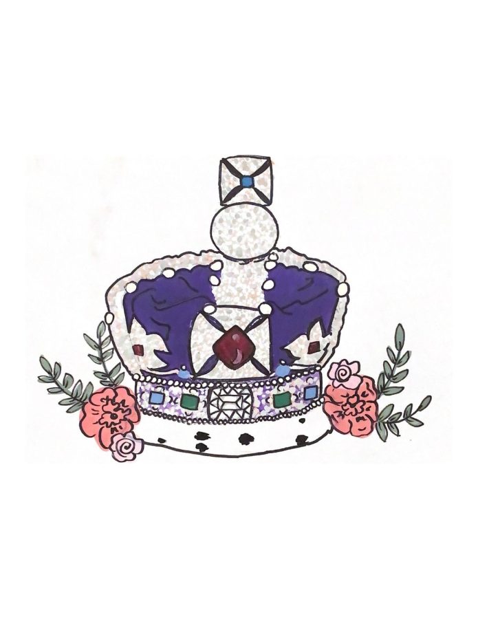 Late Queen Elizabeth II's crown and floral arrangement.