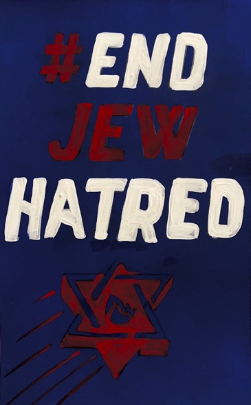 Painted poster displays protest against anti-semitism.