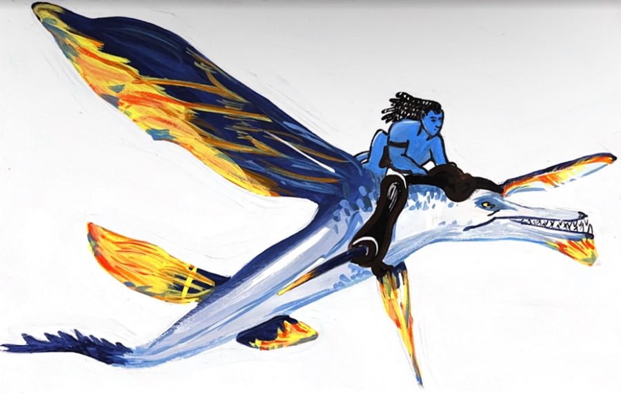 An artwork by Olivia Gilbert, depicting character Jake Sully riding a tulkin from the movie