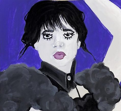 Painting of Jenna Ortega as Wednesday Addams.