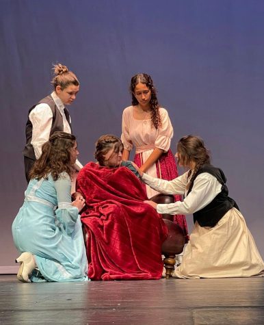 From left, Cecile Rubin, Anna Giulia, Bella Venanzi, Lauren Meira and Sophia Papayannis rehearse on stage.