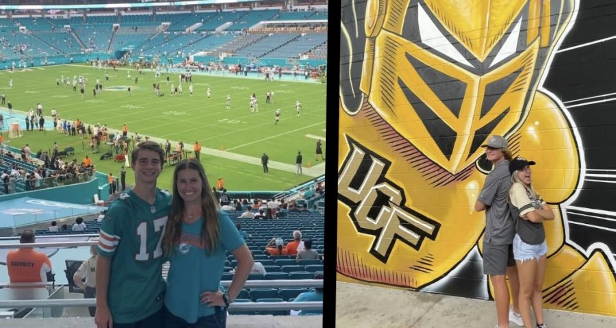 On the left Ilhardt poses in front of the Miami Dolphins stadium. On the right Miles and Zachary Lutz pose in front of UCF sign.