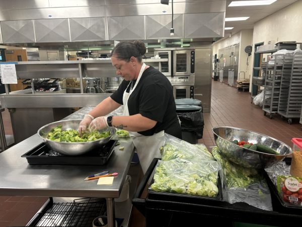 Cafeteria worker prepares the school salad. 