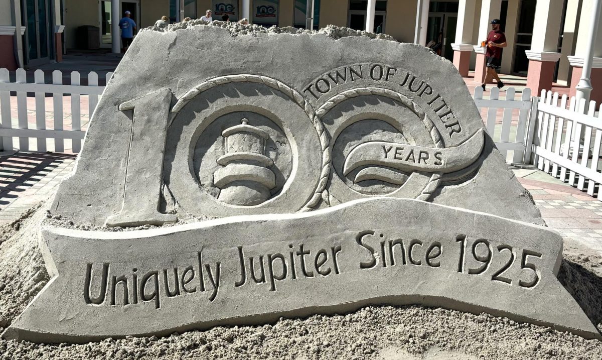 Sand sculpture outside of the Jupiter Community Center celebrating the centennial 