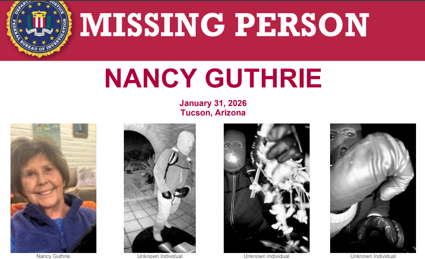 Missing poster created by fbi.gov displaying a picture of Nancy Guthrie and photos of the suspect.