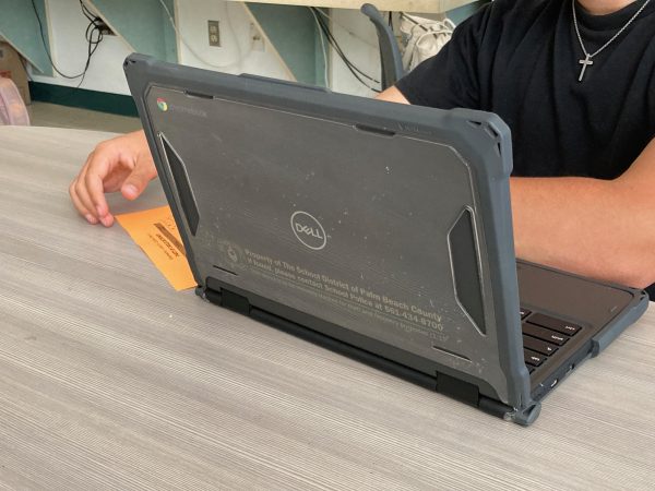Student uses a Chromebook to write a district-mandated essay about technology in English class.