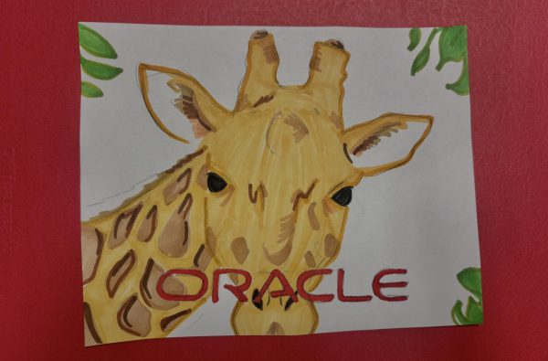 Drawing of giraffe featuring the Oracle logo