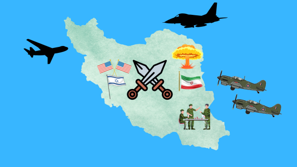Graphic made of United States, Iran, and Israel at war.