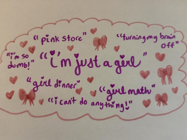 Drawn on trendy buzzwords rooted in hidden misogyny with pink bows and hearts.