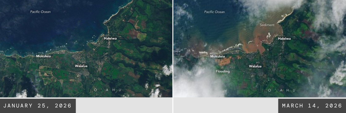 Side by side satellite view, before and during the Kona low floods on O'ahu, Hawaii of sediment deposits.