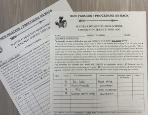 Two Jupiter High School community service hour forms with volunteer organizations listed. 